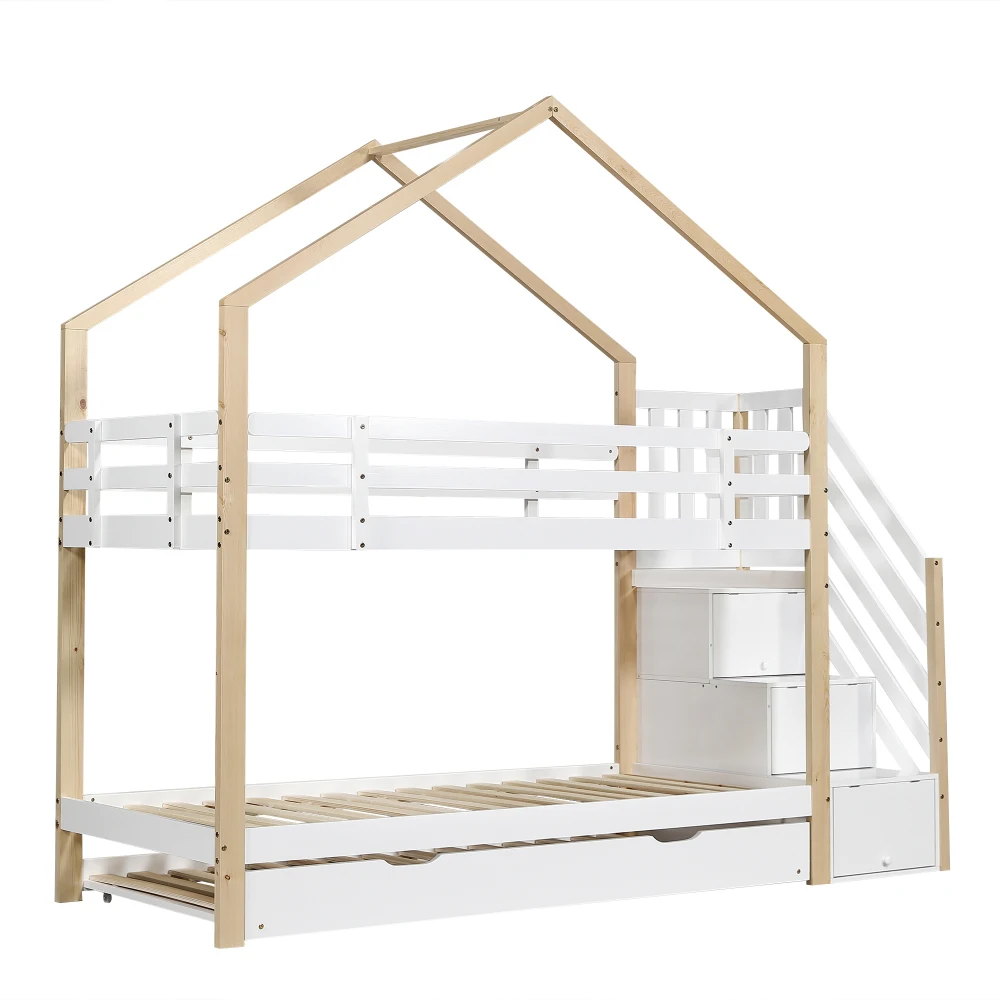 PINGGO Naturweißes Holzhausbett 90x200+90x190cm Kinder-Etagenbett mit Rutsche, Treppe, 3 Schubladen, Sicherheitsgeländer, ohne Matratze – Detail 13