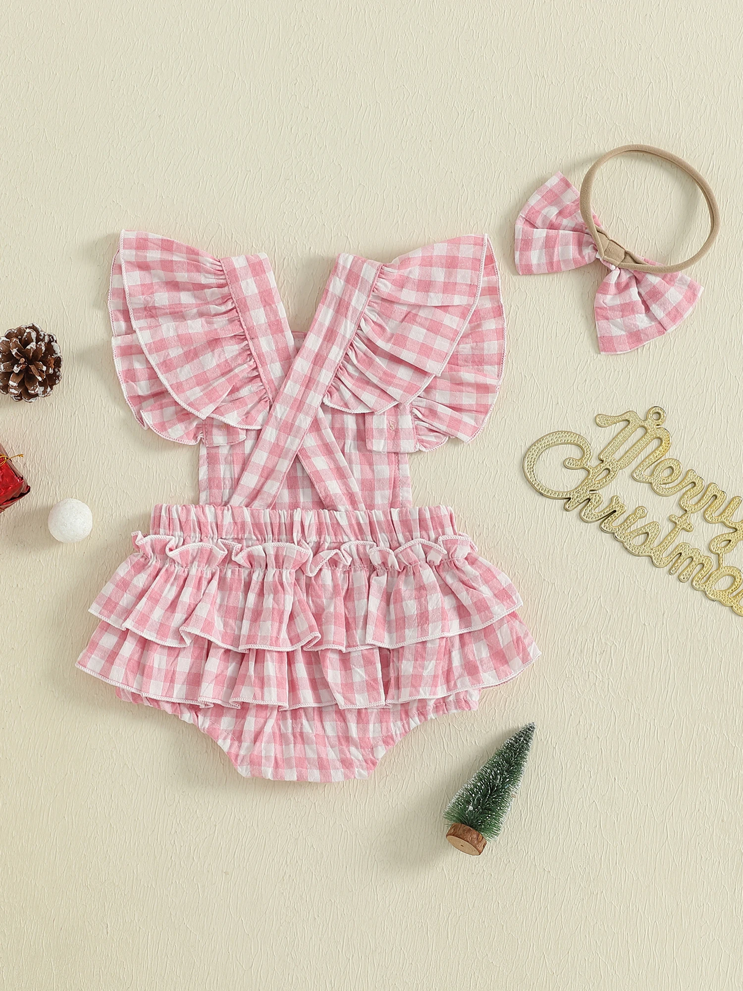 

Toddler Girls Christmas Outfit Santa Embroidery Plaid Romper with Headband Set Festive Holiday Infant Jumpsuit Fly Sleeve