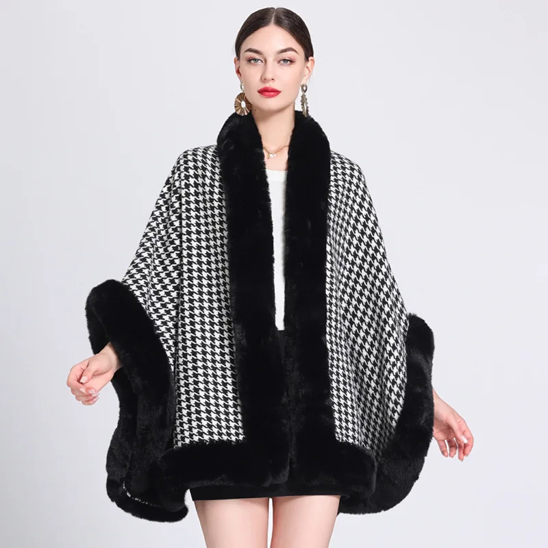 

Fashion Full Trims Faux Fur Weave Houndstooth Cape Overcoat Big Thick Luxury Cloak Winter Women Coat Dress Mantle Wraps