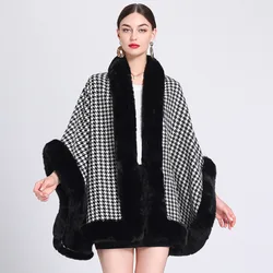 Fashion Full Trims Faux Fur Weave Houndstooth Cape Overcoat Big Thick Luxury Cloak Winter Women Coat Dress Mantle Wraps