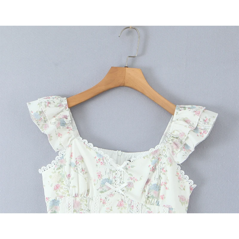 우아한 플로럴 프린트 미니 드레스 여성 스윗 걸 레이스 스플라이스 백리스 A라인 플라잉 슬리브 드레스 2025 신상 여름 휴가 로브