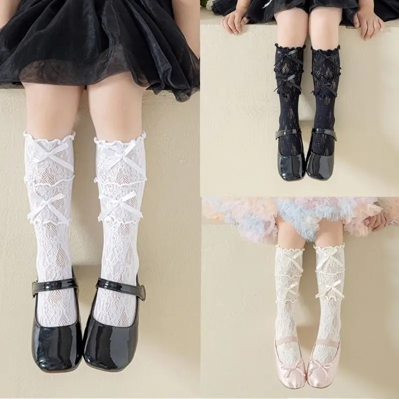 

Girls Sweet Under Knee Length Socks with 3 layer Lace Bowknot Spring Thin F19F