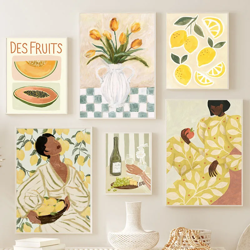 Retro Pajama Girl Lemon Flowers Vase Abstract Gallery Poster And Prints Wall Art Canvas Painting Pictures For Living Room Decor