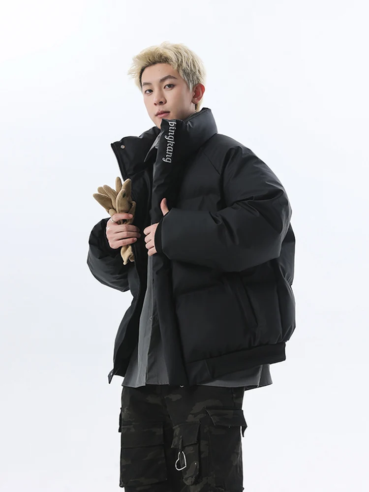 

Winter Thiened Korean Sle Cotton Jaet Embroidered PU Leather Men's Loose Warmth Stand Collar Cotton Clothes Couple Tren...