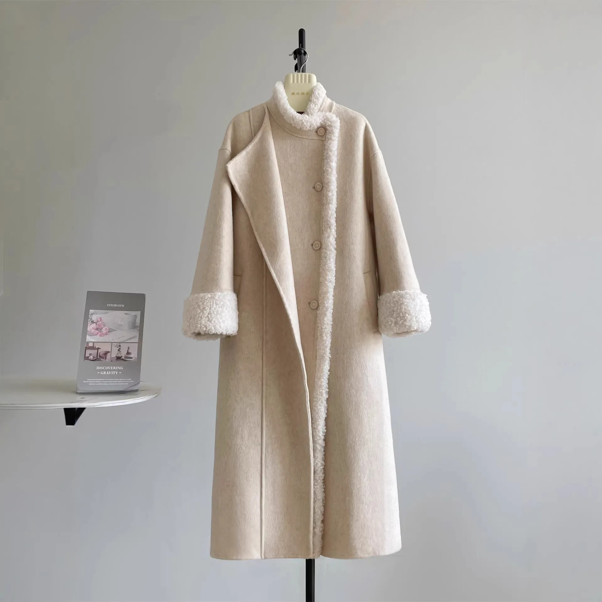 

Пальто из искусственной овечьей шерсти, двустороннее, с меховой подкладкой, для женщин, 2026, ветровка с воротником-стойкой, элегантное