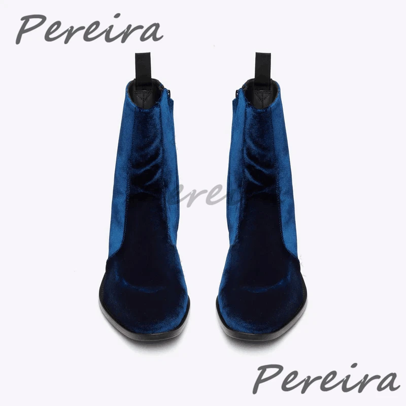 Blue Suede Leather Men Chelsea Boots British Style Pointed Toe Cowhide Zipper Short Boots Luxury High Heels Business Dress Shoes