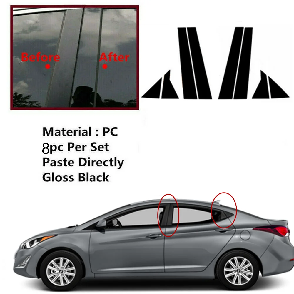 8pc Door Trim B Pillar Posts Gloss Black Cover Fit For Hyundai Elantra 2011-2016