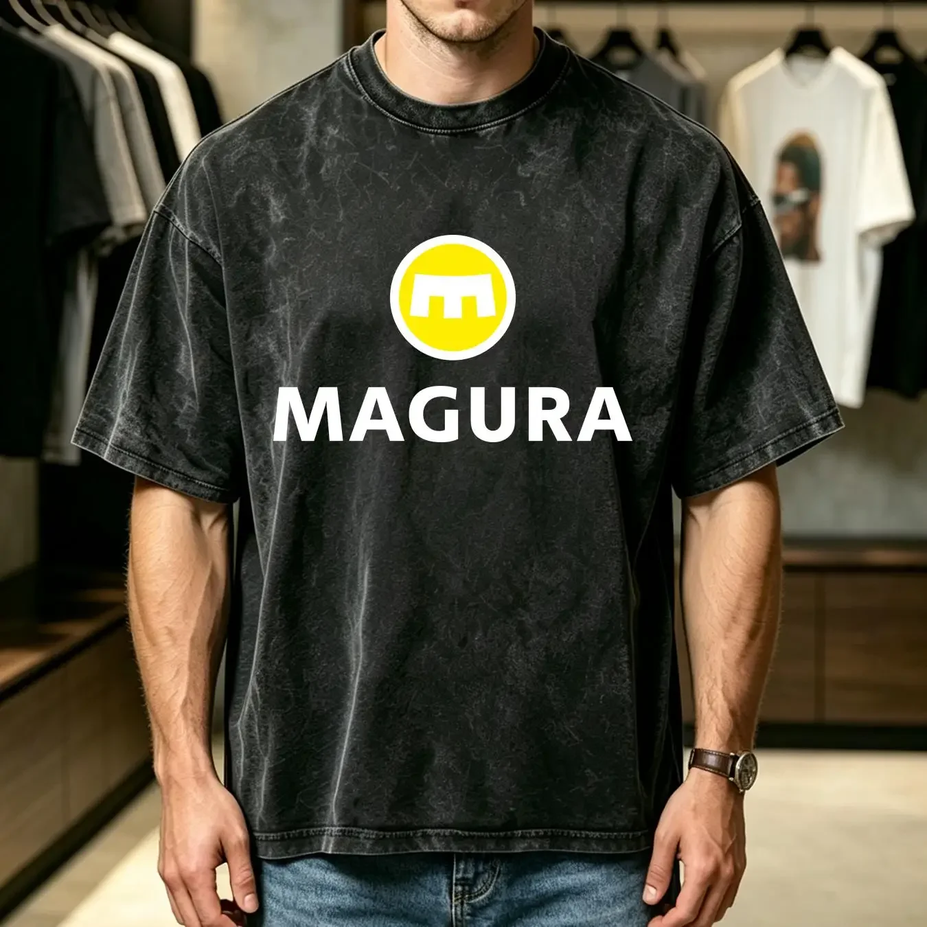 washed T Shirt Magura Brake Logo Men's Black Size S 5XL long or short sleeves vintage Washed Breathable fashion Slightly