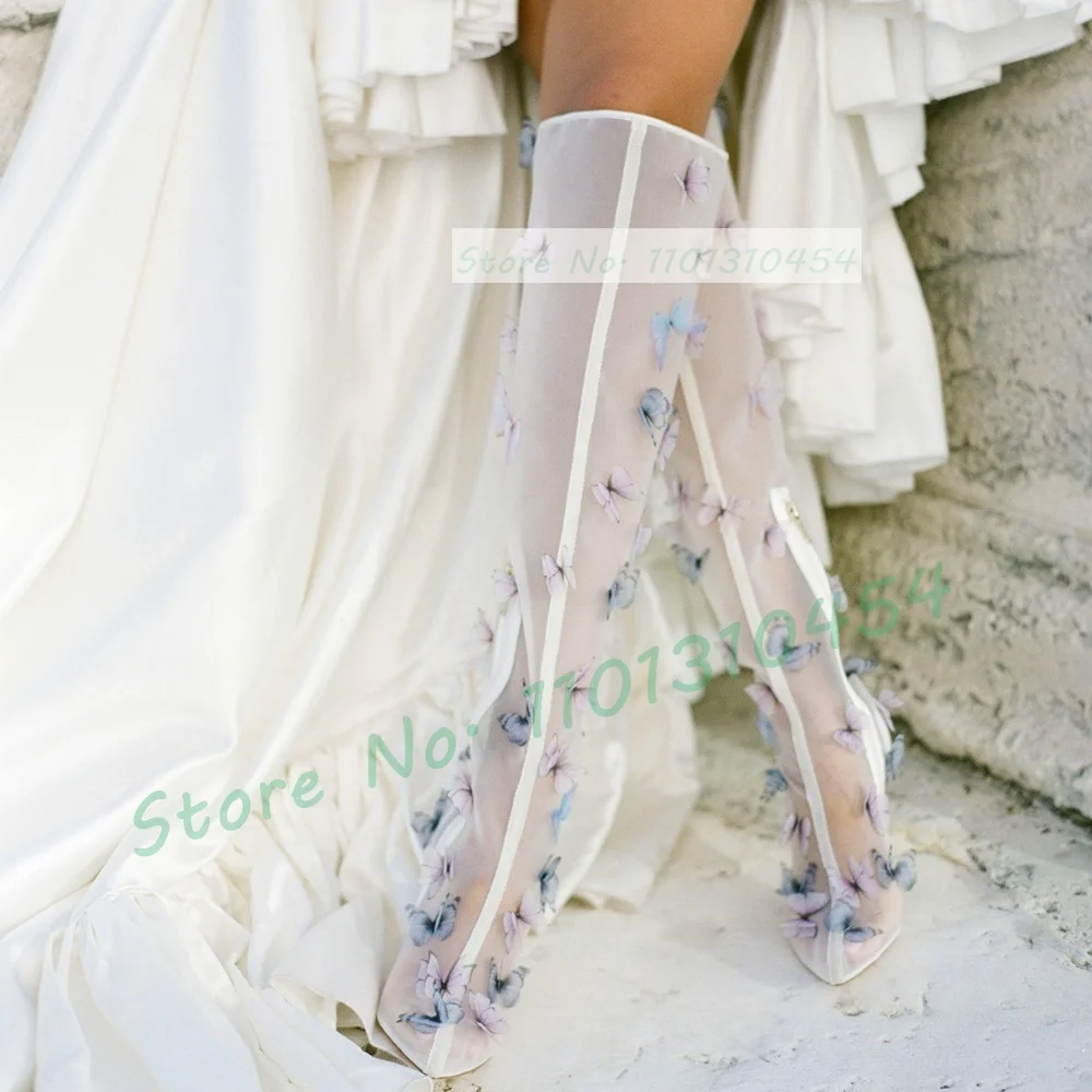 White Mesh Wedding Boots With Colorful Butterfly Decals Women Elegant Pointy Knee High Boots Fashion High Heel Party Dress Shoes