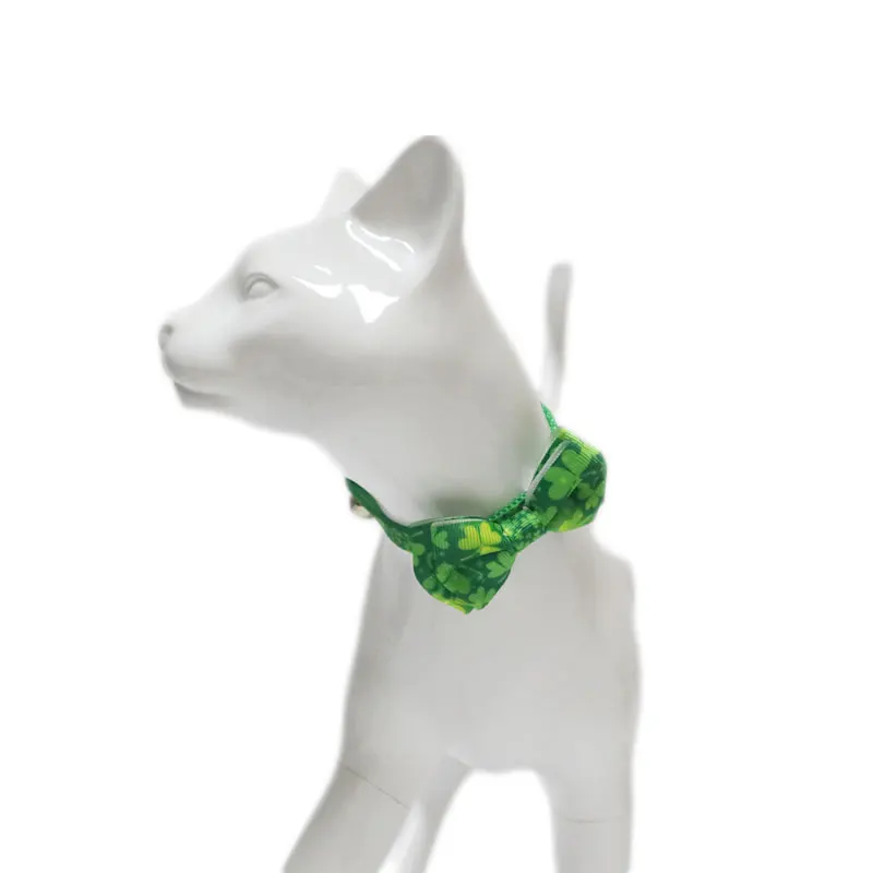 Green Cute Cat Collar Safety Breakaway Printed Gato Necklace Bowknot Pet Small Dog Collars Neck Strap Saint Patrick\'s Day New