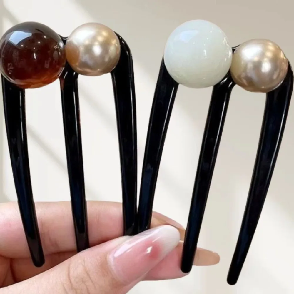 U-Shaped Hairpins French Twist Pearl Beads Hair Stick Hair Clip Acetate Vintage Tortoise Shell Women Hair Bun Pins Headwear Blac