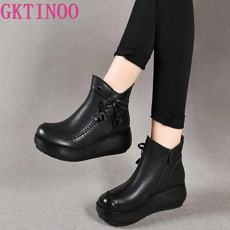 GKTINOO Ankle Women Boots Genuine Leather Round Toe Women Shoes Zip 2024 New Wedges Handmade Leisure Platform Boots Size 33-40