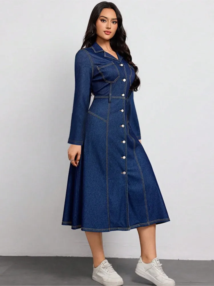 Denim Autumn Shirts Dress Women Slim High Waist Retro Fashion Ladies Shirts Dresses Ruffle Pleated Woman Dress