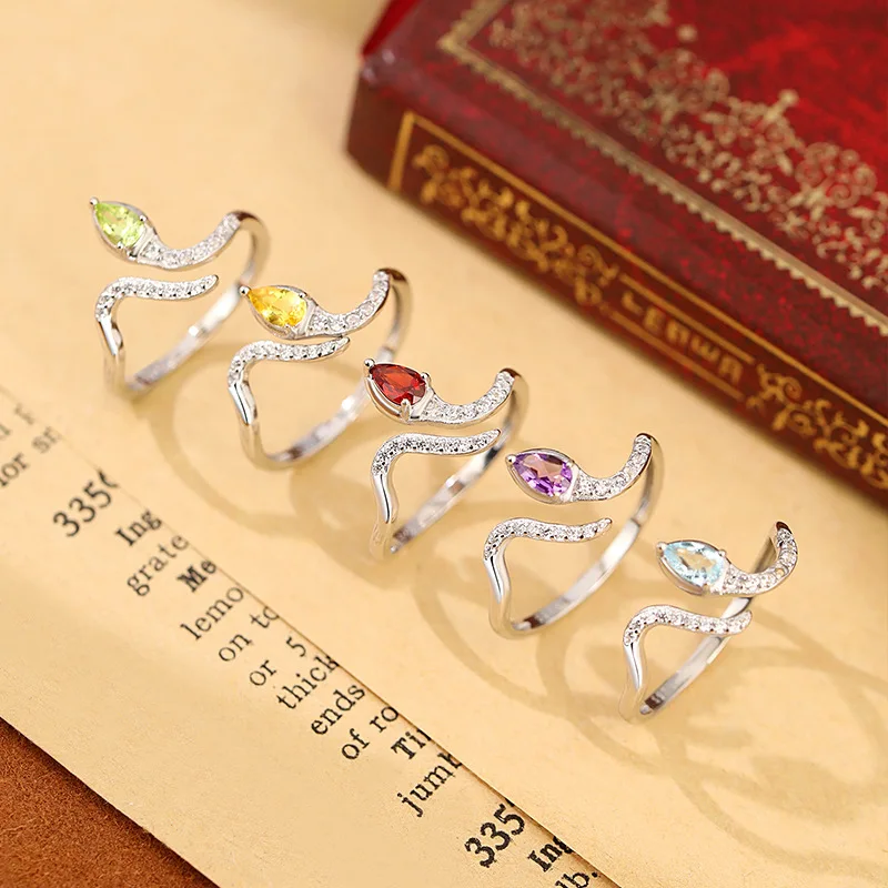 925 Sterling Silver Wedding Snake Shape Resizable Size Ring Natural Topaz Citrine Garnet Amethyst Peridot Anniversary Birthstone
