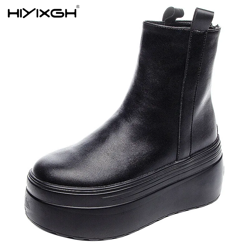 

2025 Leather Super Thick Sole Women's Boots Genuine Leather Autumn Motorcycle Boots Ladies British Women's Ankle Boots