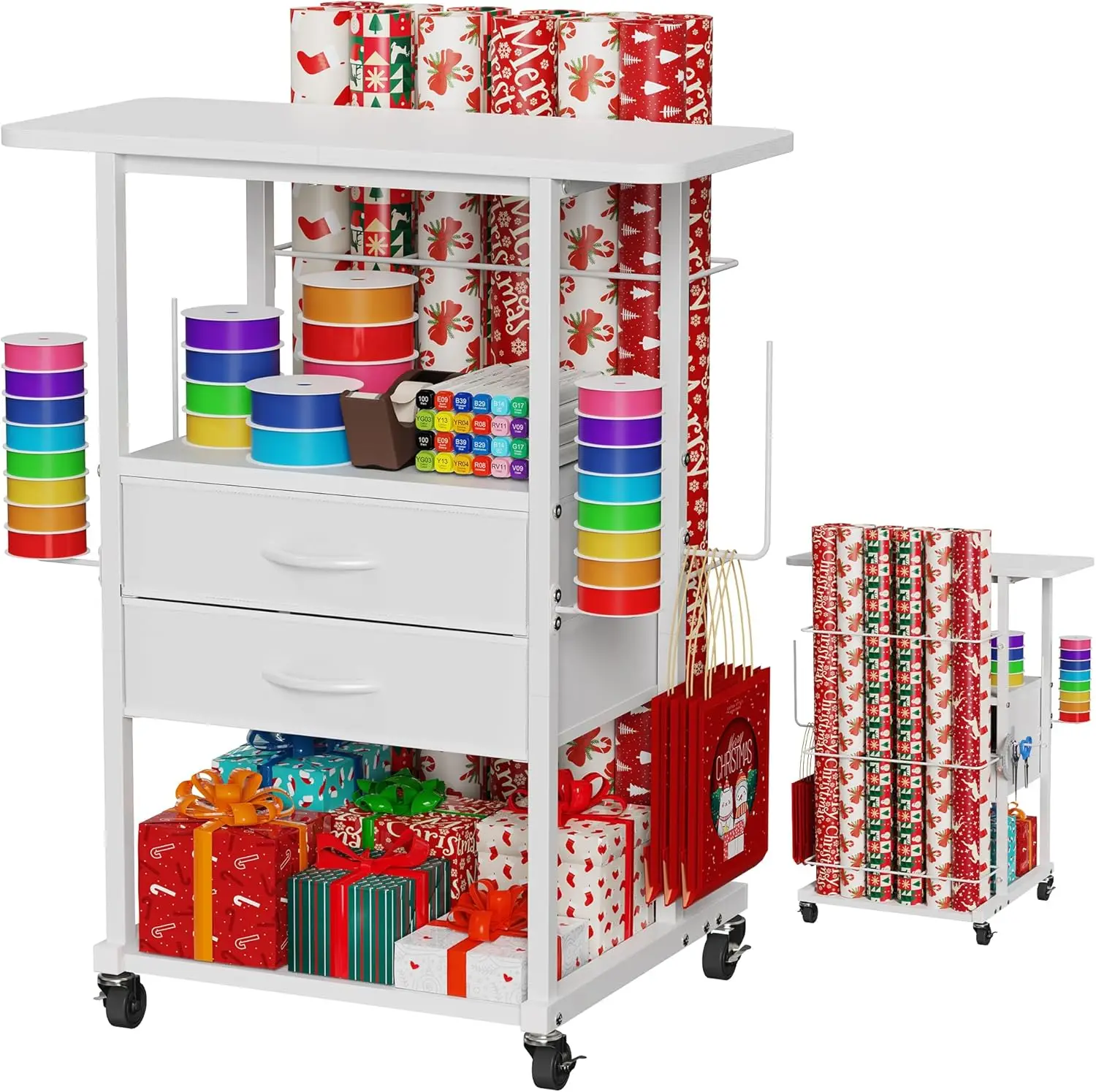 

Wrapping Paper Storage Cart with 12 Rolls Wrapping Paper Organizer Holder, Rolling Craft Cart with 2 Fabric Drawer, Gift