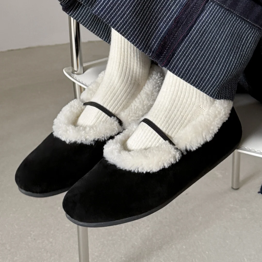 

danxuefei women's natural suede leather round toe wool inside elastic band slip-on ballet flats high quality casual ballerinas