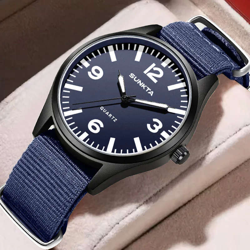 

SUNKTA Fashion Top Brand Luxury Mens Watches Casual Sport Luminous Watch For Men Blue Nylon Strap Waterproof Quartz Wristwatch