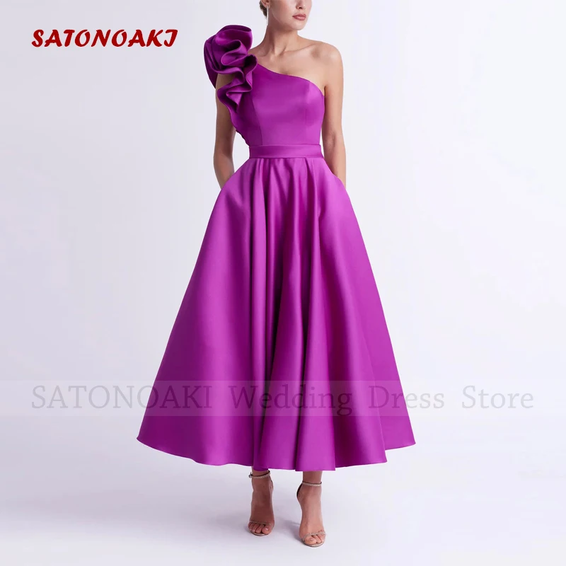 Robes De Soiree Elegant Short Satin Evening Dresses 2024 One-Shoulder Tea Length Prom Party Dresses with Pockets Vestidos Noche