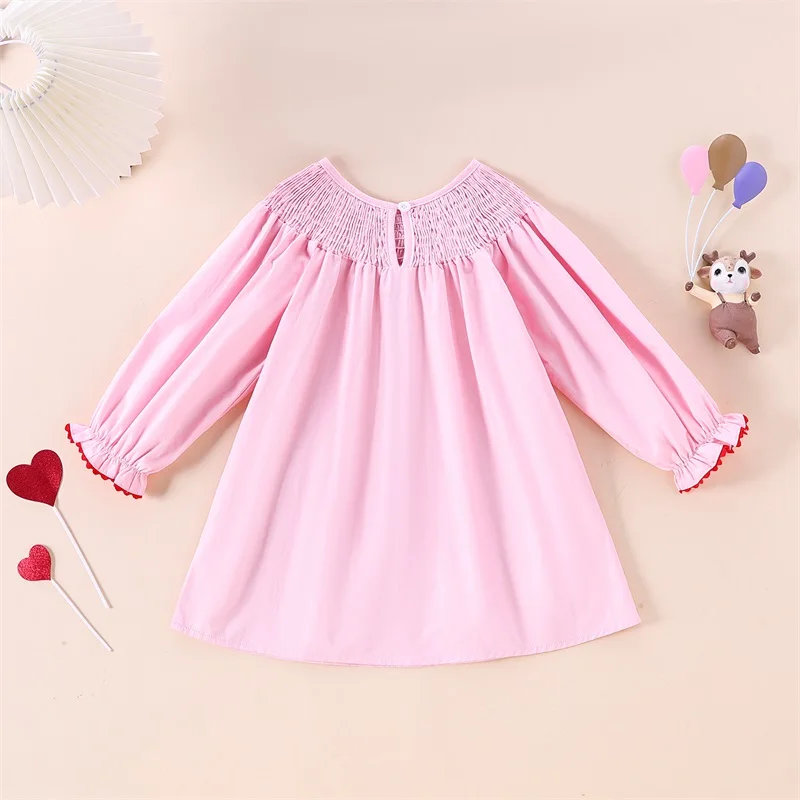 Girls Valentine s Day Heart Dress Smocked Ruffled Round Neck A-Line Hem Princess Dresses