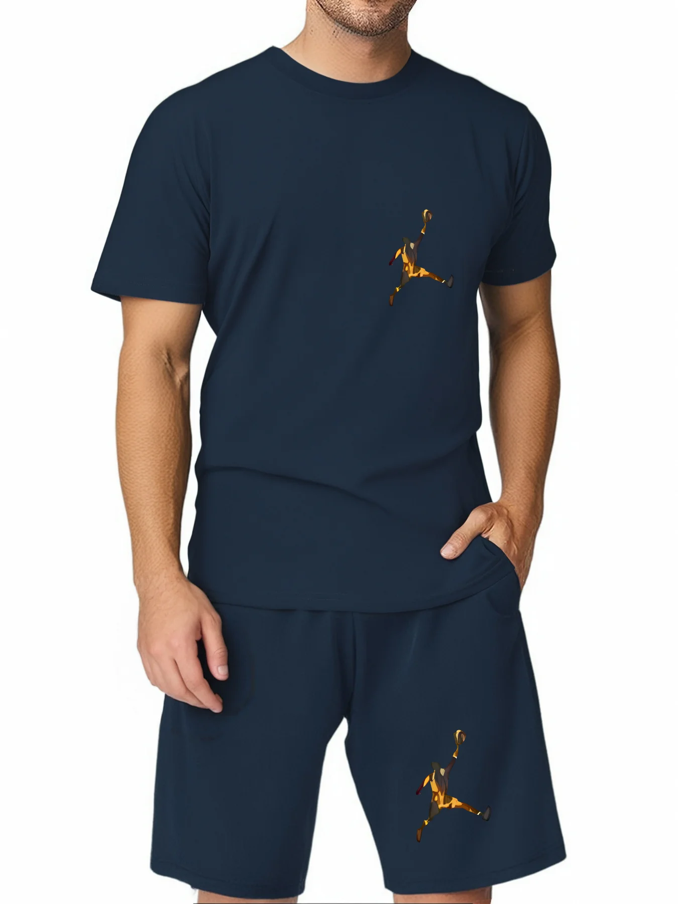 New summer men's two-piece fashion casual clothing round neck short-sleeved T-shirt and drawstring shorts sports T-shirt set