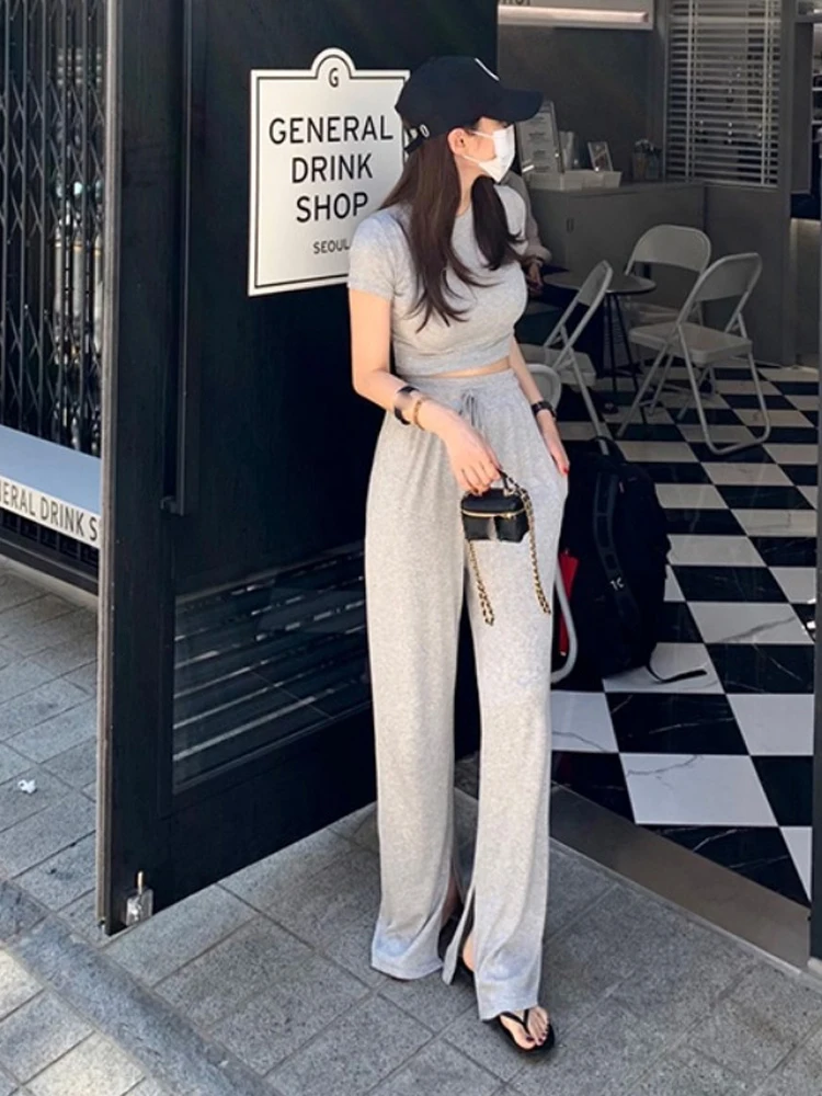 طقم نسائي أنيق مكون من تي شيرت قصير ضيق وبنطلون واسع الساق بخصر مرتفع وياقة مستديرة #5