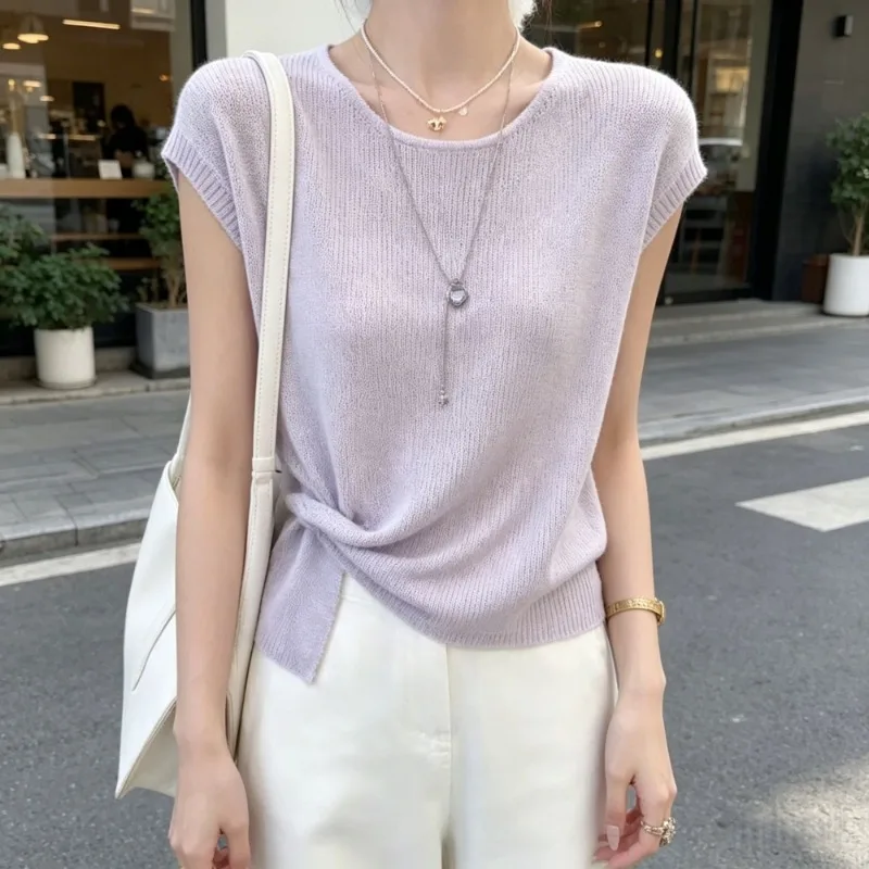 Women Gentle Light Purple Knit Cap Sleeve Top Round Neck Loose Twist Slim Summer