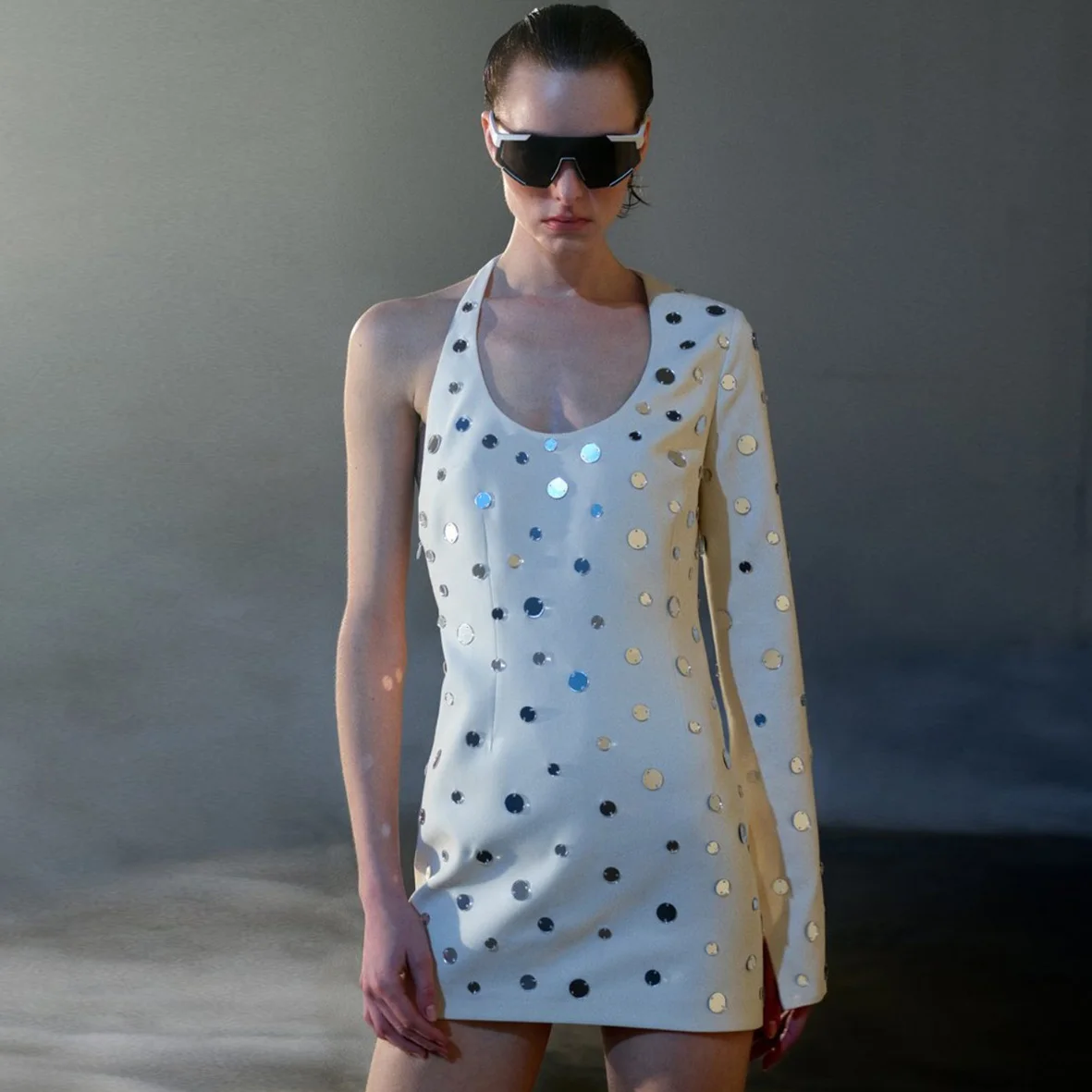 

O-neck White Satin Mini Dress Sequins Cocktail Woman Clothing Long Sleeve Summer Dress Open Back Casual Summer Women's Dresses