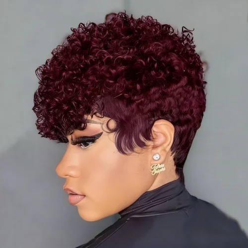 Imagen 2 del producto Peluca corta de corte Pixie de cabello humano negro Natural para pelucas rizadas onda de borde urbano hecha a máquina completa para mujeres