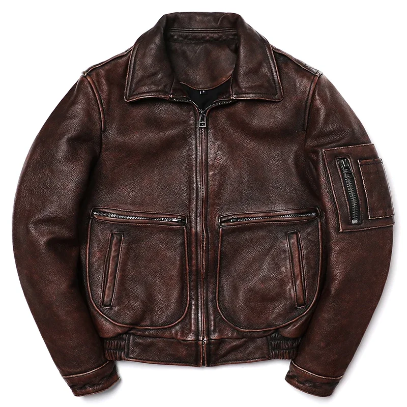 2025 New Vintage Brown Genuine Leather Jacket Air Force  Style Cowhide Coat Men Slim Fashion Biker Jacket Flight Cloth