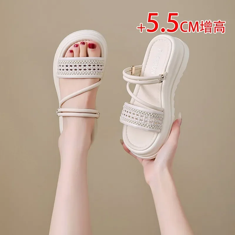 Lazy Style Ladies Summer Slippers Flat Stable Anti Slip Base Buckle Free Design Quick Wear for Daily Household Rest and Casual