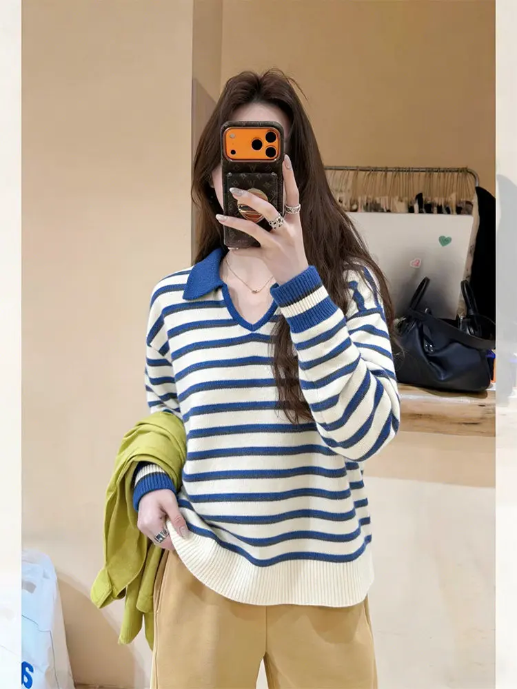 

Корейский утепленный свитер с отложным воротником для женщин, осенне-зимняя верхняя одежда, повседневный элегантный полосатый топ в стиле Lazy Sle