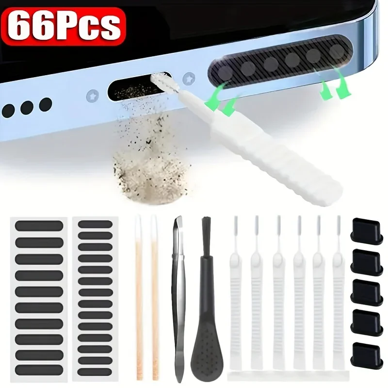 Kit de Ferramentas para Limpeza de Celulares com 66 Peças, Escova Removedora de Poeira para iPhone Samsung, Acessórios de Manutenção para Porta de Carregamento e Orifício de Alto-Falante