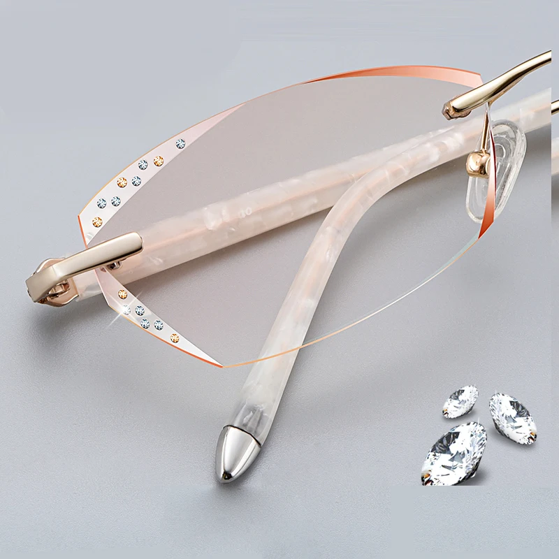 Women Rimless Cat Eyewear Crystal Gradient Coloed Lenses Glasses Frame Myopia Hyperopia Prescription UV Protection Luxury Design