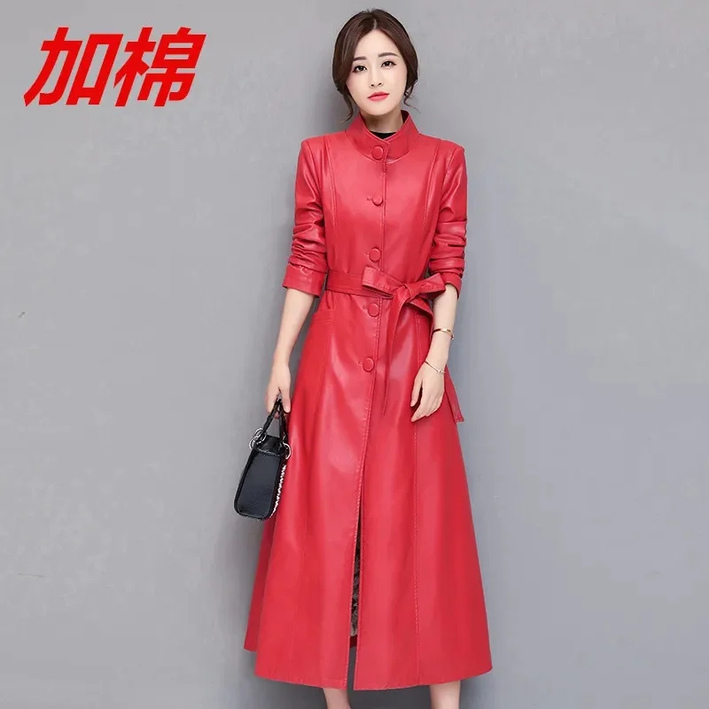 2023 New Winter Washed Leather Commuter Leather Coat Women's Mid length Leather Coat Korean Spring Autumn Wear Long Leather Coat