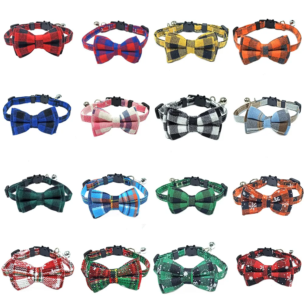

Pet Collars Bowknot Plaid Cloth Bells Safety Buckle Dog Cat Collar Kitten Collar Cat Accessories Pet Supplies