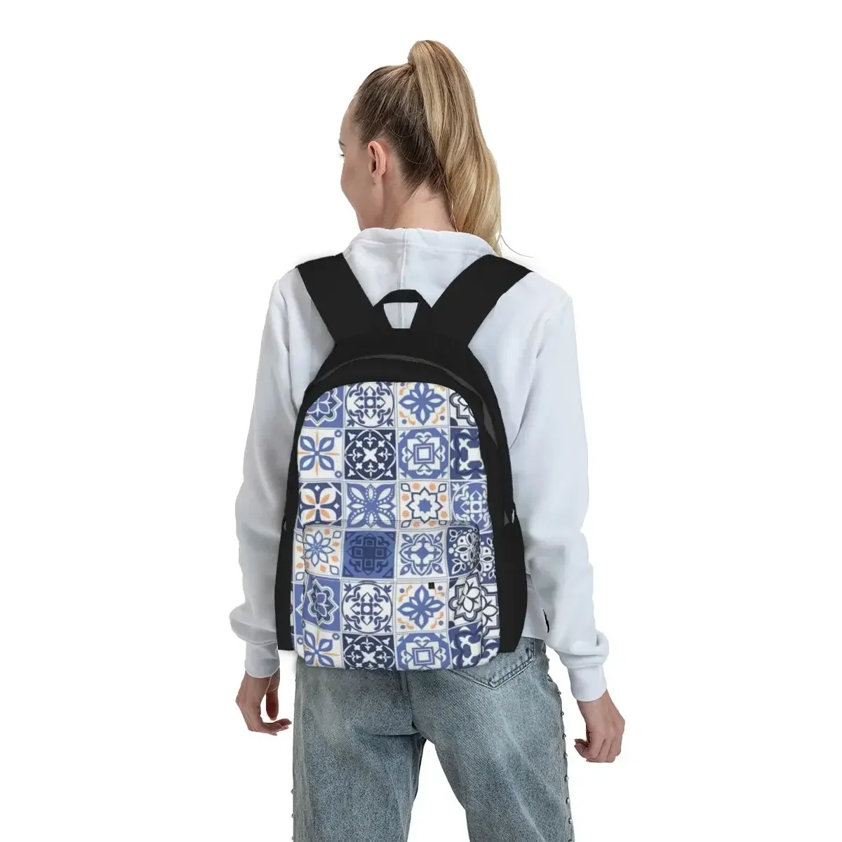 Blue Portuguese Tile Portugal Azulejo Flower Backpack Student BookBag Children School Bag Computer Shoulder Bags for Men Women