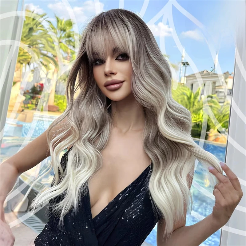 Long Body Wave Lace Frontal Wigs Ash Blonde Natural Women Wig with Bangs Soft Synthetic Hair Glueless Top Grade Swiss Lace Wig