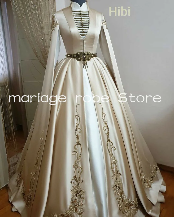 Champagne Hibi Muslim Wedding Dresses Luxury Long Sleeve Cape Embroidery Circassian Chechen Wedding Dresses outfit customsi