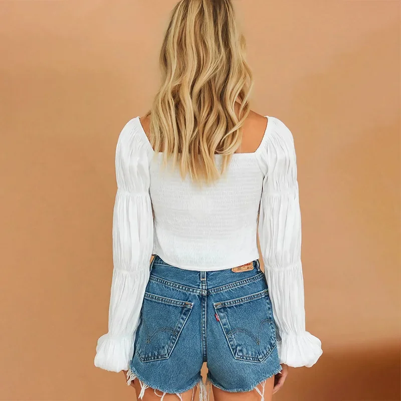 Spring Autumn White Elegant Vintage Casual Ladies Lantern Sleeve Ruched Crop Top Sexy Off Should Button Women T Shirts