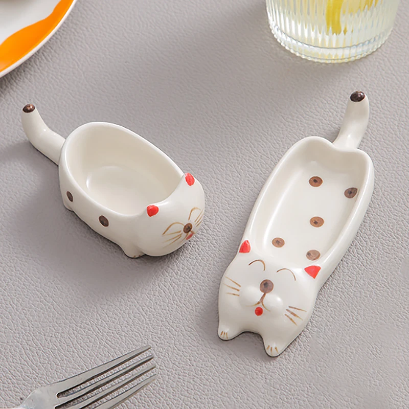 Cute Cat Ceramic Small Dish Mini Mustard Pesto Tomato Ketchup Soy Sauce Dish Seasoning Plates With Handle For Home Restaurant