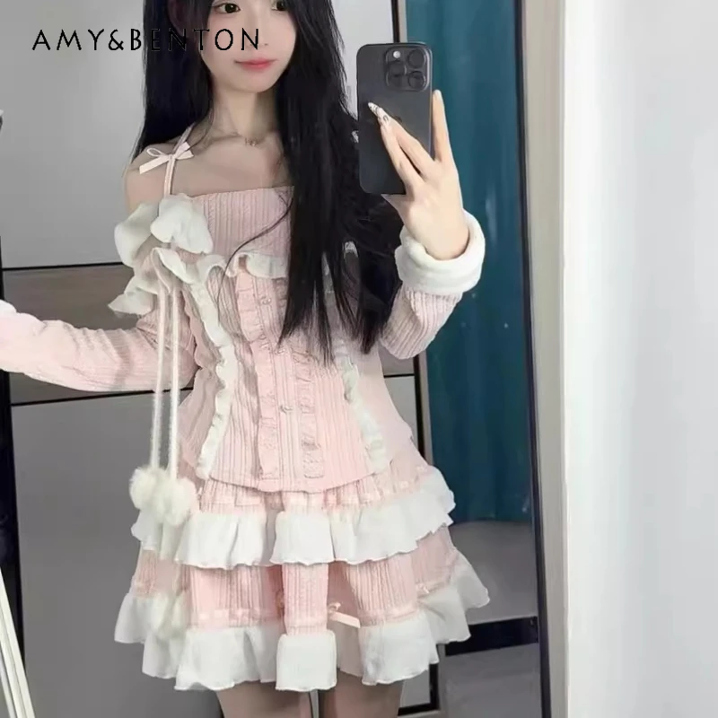 

Christmas Women's Clothing Winter New Sweet Girl Pink Cute Style Off-Shoulder Splicing Top Cake Short Skirts 3-Piece Sets Ladies