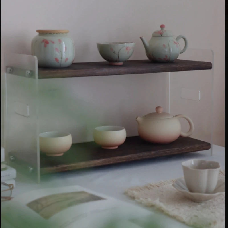 Solid Wood Acrylic Grid Cup Stand, Nine-Grid Tea Cup Display Rack for Desktop, Space Saving Organizer for Home Bar Kitchen