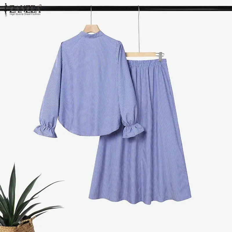 ZANZEA Fashion Women Long Sleeve Striped Bouse Dress Sets Muslim 2 Pieces Sets Stand Neck Shirt Skirt Suit Hijab Outfits IsIamic