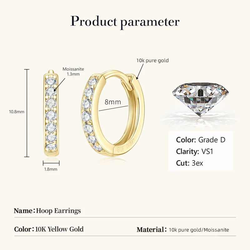 Lnngy 10K Solid Gold Hoop Earrings Certified 0.14CTTW Moissanite Circle Earring For Couples Lovers' Wedding Jewely Gift - view 2