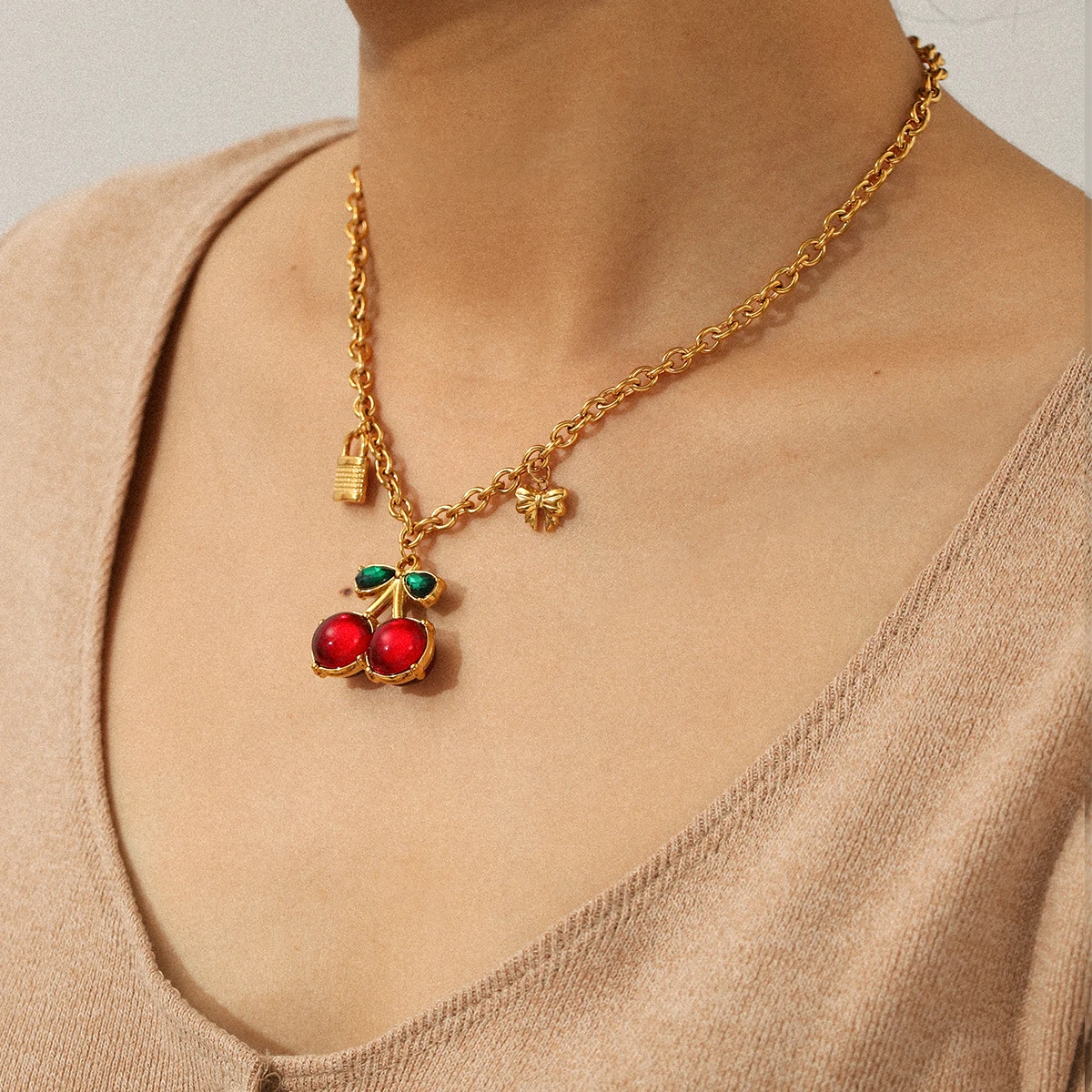 Huang Chao New Red Zircon Cherry Fruit Pendant Series Stainless Steel Heart Pendant Necklace Bow Accessory Holiday Gift