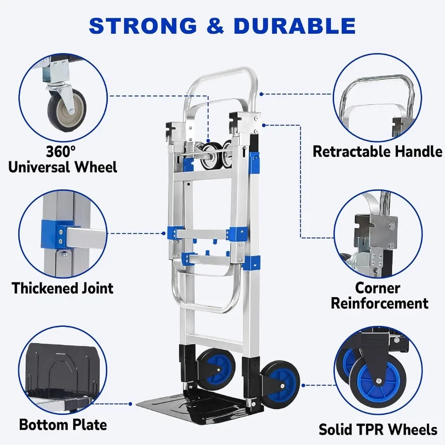 شاحنة يدوية قابلة للطي من الألومنيوم 3 في 1 بسعة 600 رطل للاستخدام في المكاتب المنزلية والمستودعات: دمية شديدة التحمل قابلة للتحويل #5