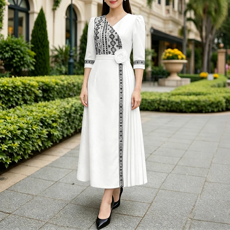 ZANZEA Damen-Kleid mit V-Ausschnitt, 3/4-Ärmeln, bedrucktem Patchwork, stilvolles A-Linien-Urlaubskleid, Vestido 2026, klassische, elegante, plissierte Kleider
