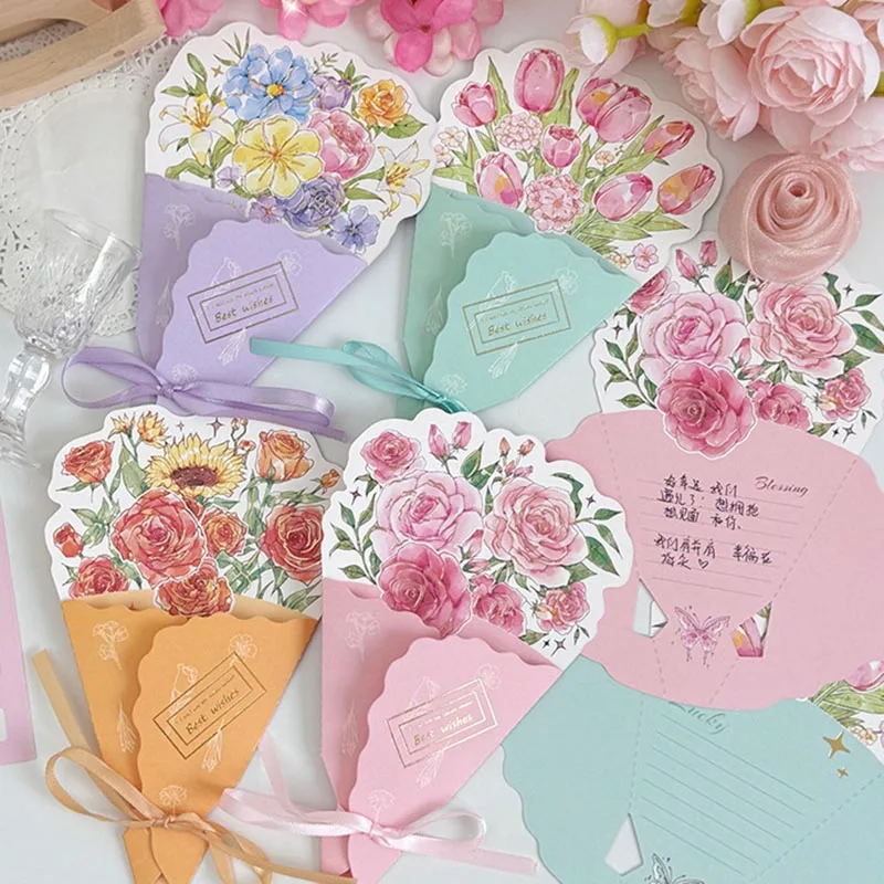 4pcs Bouquet Shaped Greeting Cards Foldable Flower Wish Note Cards with Ribbon Gift Cards for Wedding Birthday Party Invitations