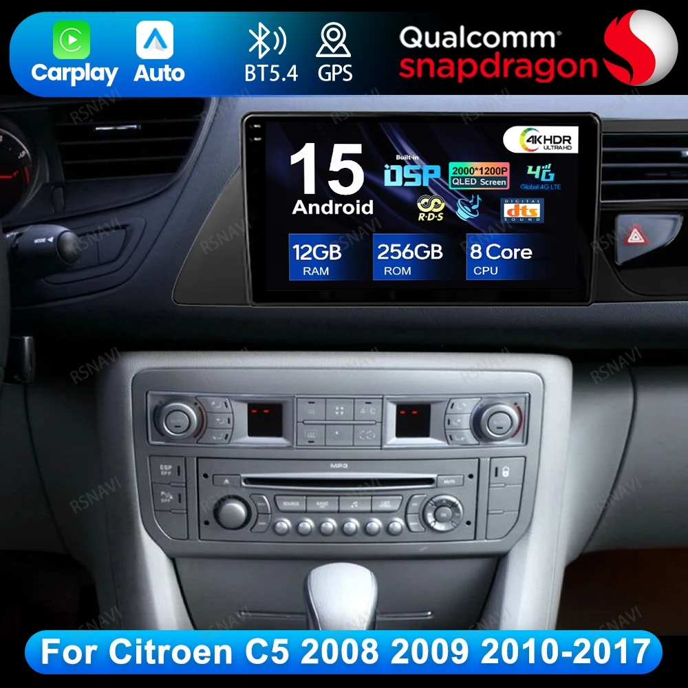 

Android 15 для Citroen C5 2008 2009 2010-2017 Viedo плеер авторадио 4G LTE 5G WIFI Qualcomm GPS QLED беспроводной Carplay Auto DSP
